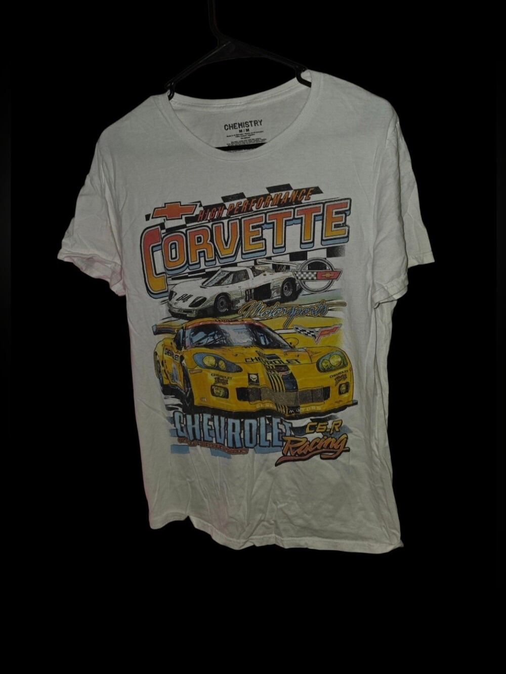 8/11/10. Mens Chemistry White Corvette Racing Graphic Tee with Yellow Accent